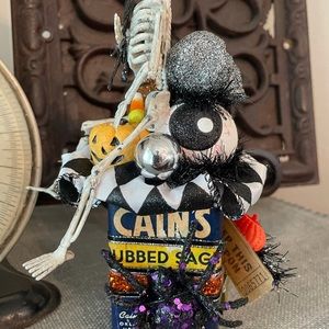Antique Halloween Handmade Decoration:Cains Spice Can Adorned w/Vintage Trinkets